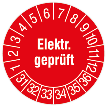 Prüfplakette, Elektrisch geprüft, 2031 - 2036, Standard- /Dokumentenfolie, Ø 15 oder 30 mm