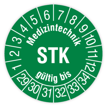 Prüfplakette, Medizintechnik STK gültig bis, 2029, Dokumentenfolie mit Oberflächenschutz, Ø 30 mm