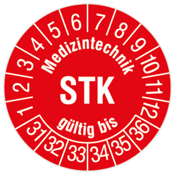Prüfplakette, Medizintechnik STK gültig bis, 2031, Dokumentenfolie mit Oberflächenschutz, Ø 30 mm