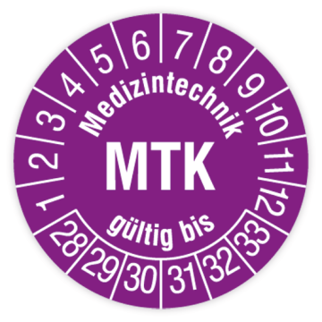 Prüfplakette, Medizintechnik MTK gültig bis, 2028 - 2033, verschiedene Ausführungen