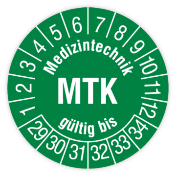 Prüfplakette, Medizintechnik MTK gültig bis, 2029, Dokumentenfolie mit Oberflächenschutz, Ø 30 mm