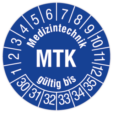 Prüfplakette, Medizintechnik MTK gültig bis, 2030, Dokumentenfolie mit Oberflächenschutz, Ø 30 mm