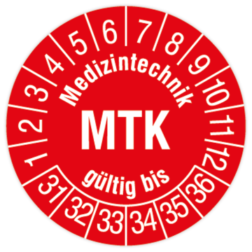 Prüfplakette, Medizintechnik MTK gültig bis, 2031, Dokumentenfolie mit Oberflächenschutz, Ø 30 mm