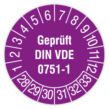Prüfplakette, Geprüft DIN VDE 0751-1, 2028 - 2033, verschiedene Ausführungen