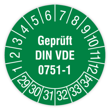 Prüfplakette, Geprüft DIN VDE 0751-1, 2029 - 2034, Dokumentenfolie mit Oberflächenschutz, Ø 30 mm