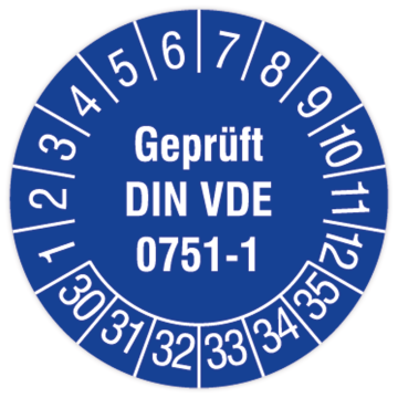 Prüfplakette, Geprüft DIN VDE 0751-1, 2030 - 2035, Dokumentenfolie mit Oberflächenschutz, Ø 30 mm
