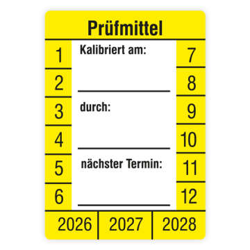 Prüfplakette, Prüfmittel kalibriert am… durch… nächster Termin,2026,Standardfolie, 26x37mm, Bogen