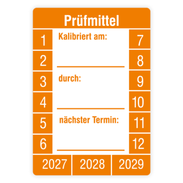 Prüfplakette, Prüfmittel kalibriert am… durch… nächster Termin,2027,Standardfolie, 26x37mm, Bogen
