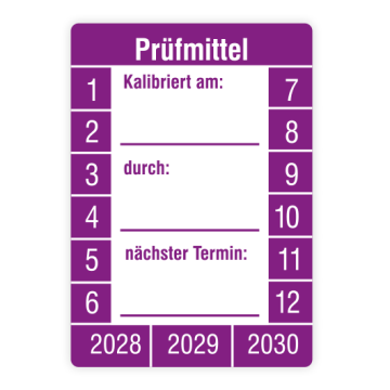 Prüfplakette, Prüfmittel kalibriert am… durch… nächster Termin,2028,Standardfolie, 26x37mm, Bogen