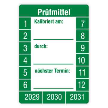 Prüfplakette, Prüfmittel kalibriert am… durch… nä. Termin, 2029, Standardfolie, 26 x 37 mm, Bogen