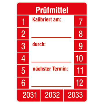 Prüfplakette, Prüfmittel kalibriert am… durch… nä. Termin, 2031, Standardfolie, 26 x 37 mm, 10/Bogen