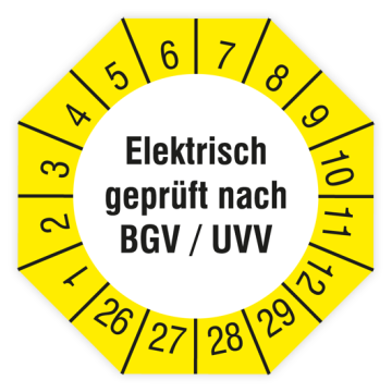 Prüfplakette, Elektrisch geprüft nach BGV / UVV, 2026, verschiedene Ausführungen
