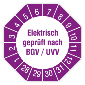 Prüfplakette, Elektrisch geprüft nach BGV / UVV, 2028 - 2031, verschiedene Ausführungen