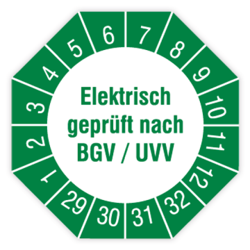 Prüfplakette, Elektrisch geprüft nach BGV / UVV, 2029 - 2032, in verschiedenen Ausführungen