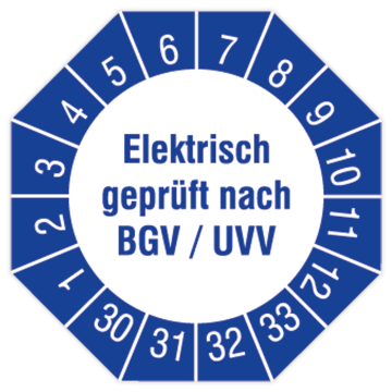 Prüfplakette, Elektrisch geprüft nach BGV / UVV, 2030 - 2033, in verschiedenen Ausführungen