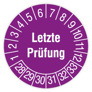 Prüfplakette, Letzte Prüfung, 2028 - 2033, verschiedene Ausführungen