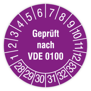 Prüfplakette, Geprüft nach VDE 0100, 2028 - 2033, verschiedene Ausführungen
