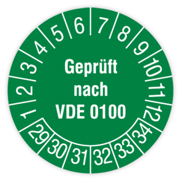 Prüfplakette, Geprüft nach VDE 0100, 2029 - 2034, in verschiedenen Ausführungen