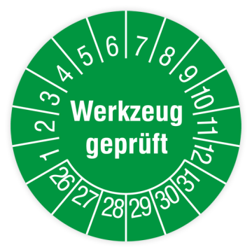 Prüfplakette, Werkzeug geprüft, 2026, verschiedene Ausführungen