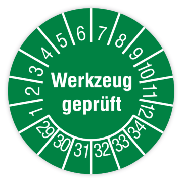 Prüfplakette, Werkzeug geprüft, 2029 - 2034, in verschiedenen Ausführungen