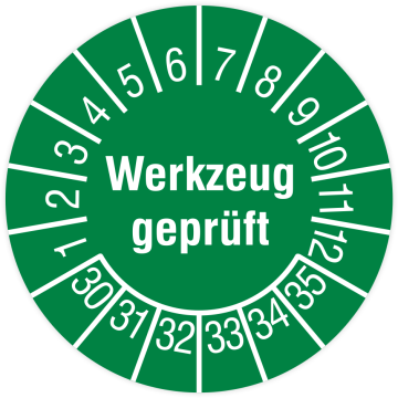 Prüfplakette, Werkzeug geprüft, 2030 - 2035, in verschiedenen Ausführungen