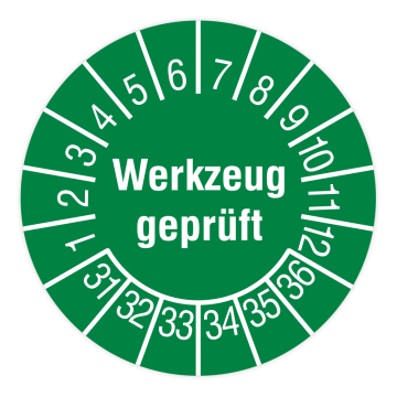 Prüfplakette, Werkzeug geprüft, 2031 - 2036, Dokumentenfolie, Ø 15 mm