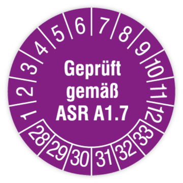 Prüfplakette Türen und Tore, Geprüft gemäß ASR A1.7, 2028 - 2033,  verschiedene Ausführungen