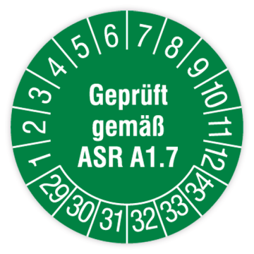 Prüfplakette Türen und Tore, Geprüft gemäß ASR A1.7, 2029 - 2034, in verschiedenen Ausführungen