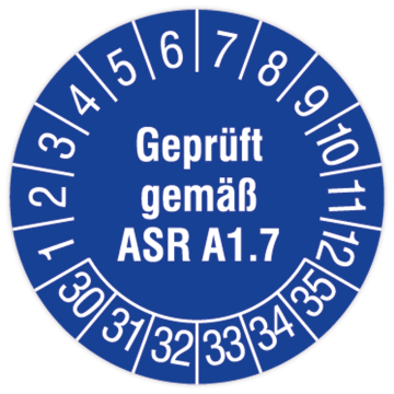 Prüfplakette Türen und Tore, Geprüft gemäß ASR A1.7, 2030 - 2035, in verschiedenen Ausführungen