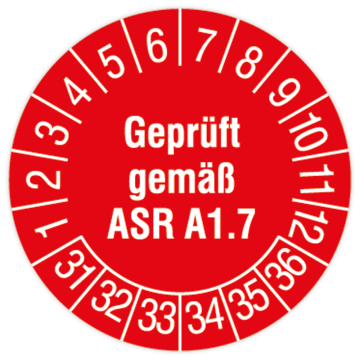 Prüfplakette Türen und Tore, Geprüft gemäß ASR A1.7, 2031, Standard- /Dokumentenfolie, Ø 30 mm