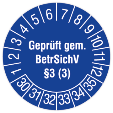 Prüfplakette für Leitern und Tritte, Geprüft gem. BetrSichV §3 (3), 2030, verschiedene Ausführungen