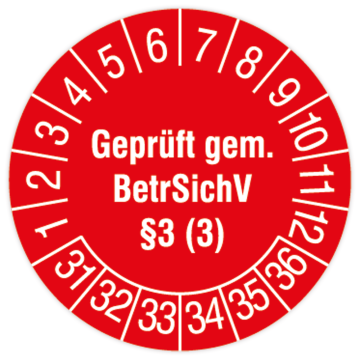 Prüfplakette für Leitern und Tritte, Geprüft gem. BetrSichV §3 (3), 2031, Stand./Dok.folie, Ø 30 mm