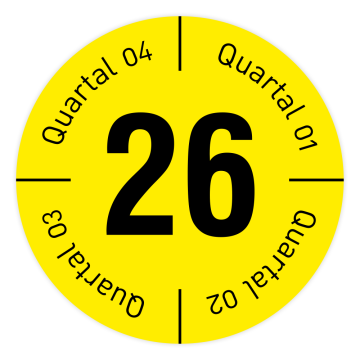 Qualitätsetikett mit Quartal 1 - 4 und Jahr 2026, gelb, Standardfolie, Ø 30 mm, 108 Stk./Heft