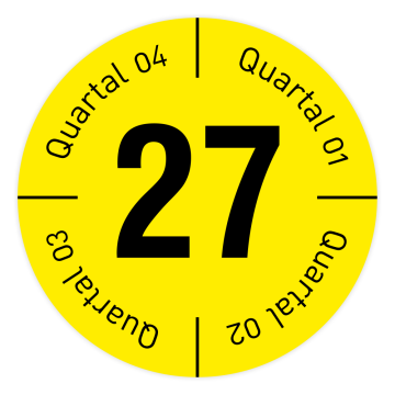 Qualitätsetikett mit Quartal 1 - 4 und Jahr 2027, gelb, Standardfolie, Ø 30 mm, 108 Stk./Heft