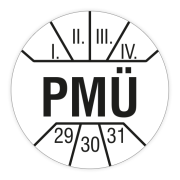 Prüfplakette, PMÜ, 2029 - 2031, Ø 10 mm, in verschiedenen Ausführungen
