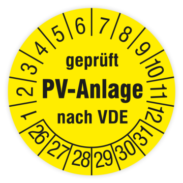 Prüfplakette, Geprüft PV-Anlage nach VDE, 2026, verschiedene Ausführungen