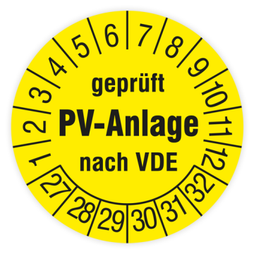 Prüfplakette, Geprüft PV-Anlage nach VDE, 2027, verschiedene Ausführungen