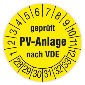 Prüfplakette, Geprüft PV-Anlage nach VDE, 2028 - 2033, verschiedene Ausführungen