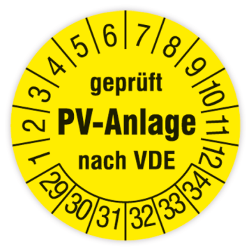 Prüfplakette, Geprüft PV-Anlage nach VDE, 2029 - 2034, in verschiedenen Ausführungen