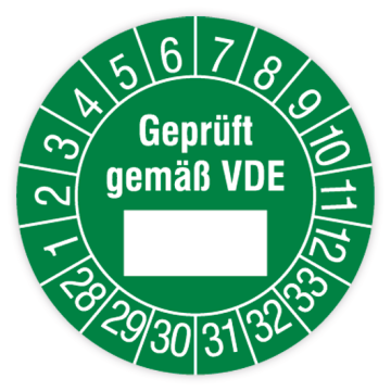 Prüfplakette, Geprüft gemäß VDE, 2028 - 2033, verschiedene Ausführungen