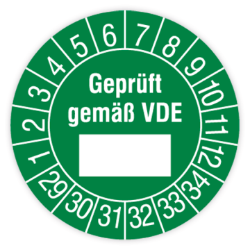 Prüfplakette, Geprüft gemäß VDE, 2029 - 2034, in verschiedenen Ausführungen