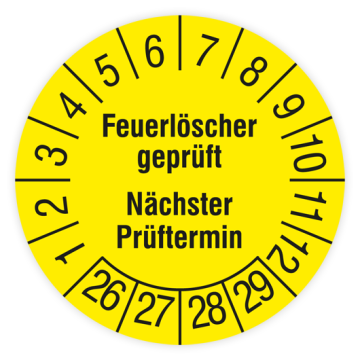 Prüfplakette, Feuerlöscher geprüft - Nächster Prüftermin, 2026, verschiedene Ausführungen
