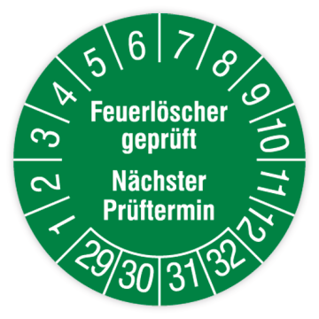 Prüfplakette, Feuerlöscher geprüft - Nächster Prüftermin, 2029, in verschiedenen Ausführungen