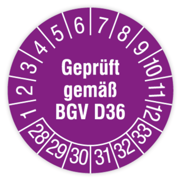 Prüfplakette, Geprüft gemäß BGV D36, 2028 - 2033, verschiedene Ausführungen