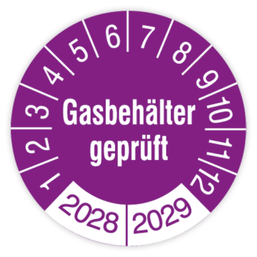 Prüfplakette, Gasbehälter geprüft, 2028 - 2029, verschiedene Ausführungen