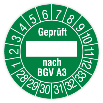 Prüfplakette, Geprüft nach BGV A3, 2028 - 2033, verschiedene Ausführungen