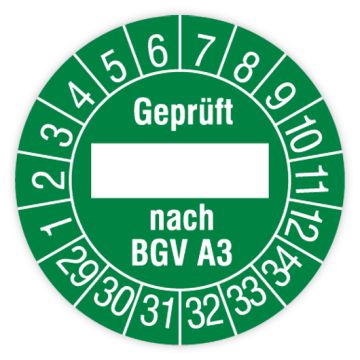 Prüfplakette, Geprüft nach BGV A3, 2029 - 2034, in verschiedenen Ausführungen