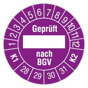 Prüfplakette, Geprüft... nach BGV, K1/K2, 2028 - 2031, verschiedene Ausführungen