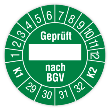 Prüfplakette, Geprüft... nach BGV, K1/K2, 2029 - 2032, in verschiedenen Ausführungen