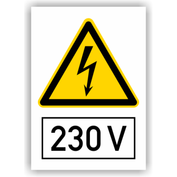 Warnschild, Spannungskennzeichen 230 V, ISO 7010, Aufkleber, Folie, 210 x 297 mm